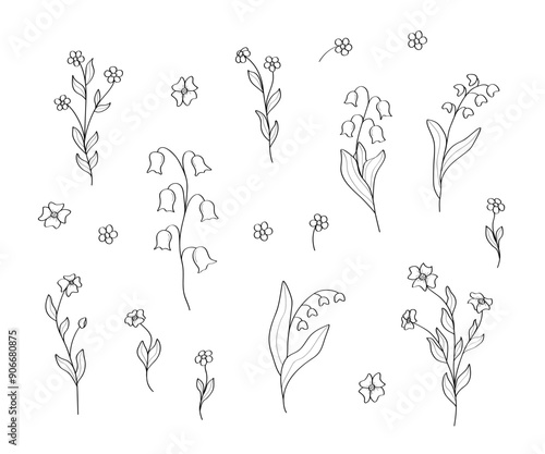 Small wildflowers set of doodle icons. Vector illustration of summer minimalistic flowers. For design, tattoo, decor, postcard.