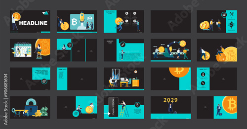 Vector illustration.Set, powerpoint, business presentations, currency circulation, buying dollars, bitcoins.Infographic design template, green black elements.Team of people creates a business,teamwork