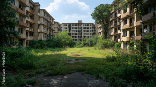 A view of abandoned urban areas where overgrown vegetation overtakes dilapidated buildings, highlighting the theme of urban desolation. 