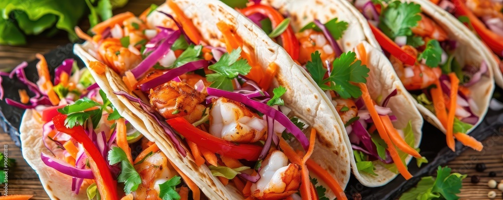 Delicious shrimp taco with fresh vegetables, vibrant colors, and garnished with herbs. Perfect for culinary or food photography. Delicious shrimp taco with fresh vegetables, vibrant colors, and garnished with herbs. Perfect for culinary or food photography.