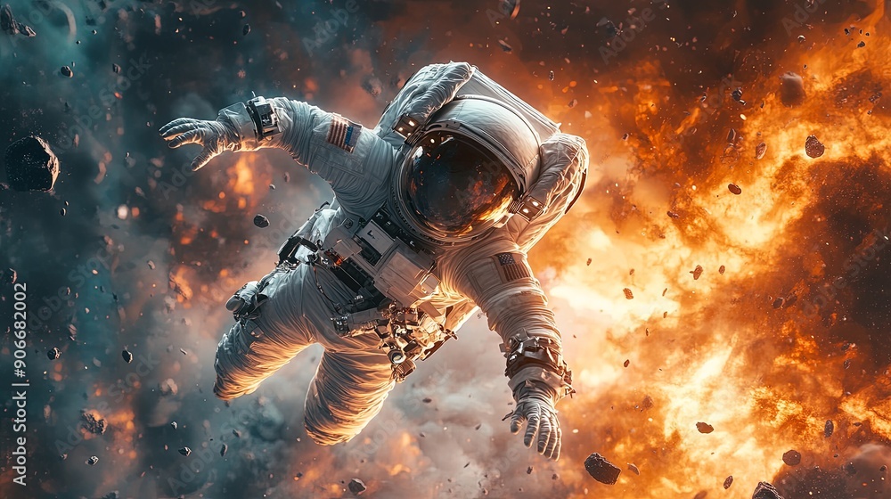 Fototapeta premium Astronaut Orbiting Earth Against Cosmic Backdrop