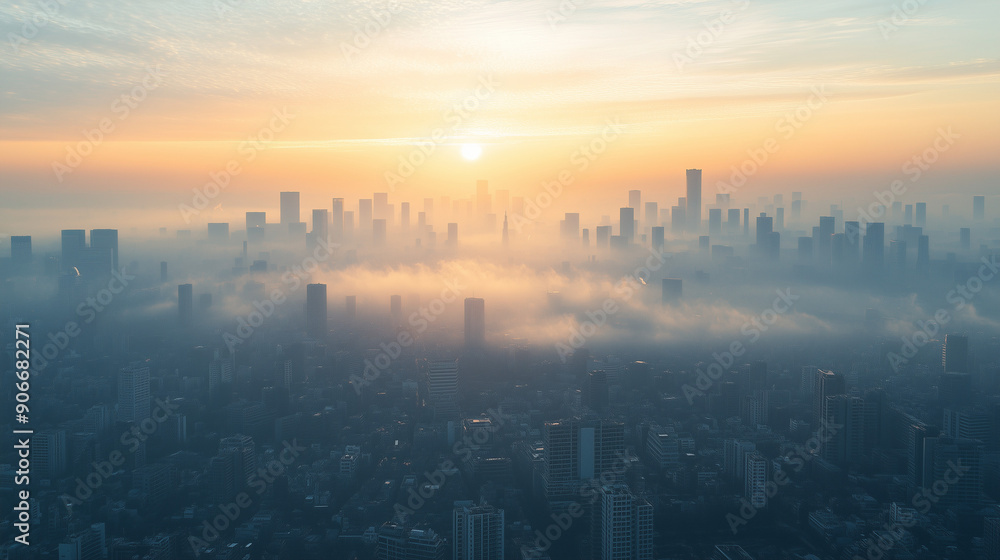 The theme of environmental pollution is evident in the panoramic shot of a city skyline obscured by smog and haze.
The theme of environmental pollution is evident in the panoramic shot of a city skyline obscured by smog and haze.