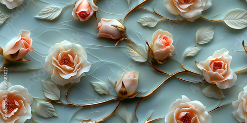 Seamless 3D White, Pink, and Red Cherry Blossom Flowers in Branches on a Light Background. Abstract Floral 3D Landscape Wall Sticker. Hd Seamless Magnolia, Frangipani, Rose Flower Wallpaper.