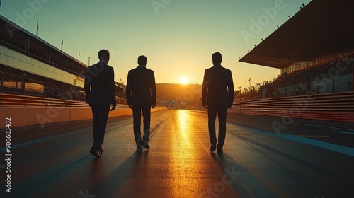 Three company representatives dressed in suits walked on the track, capturing the tense atmosphere of corporate competition photo