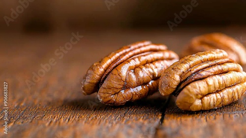 Close-up of pecan nuts on a rustic wooden surface, showcasing their rich texture and natural color, perfect for food photography.