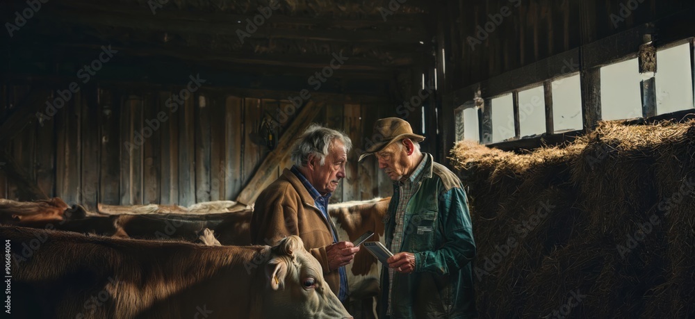 Senior farmer using a tablet to monitor the health of a cow on the farm.Generated image Senior farmer using a tablet to monitor the health of a cow on the farm.Generated image