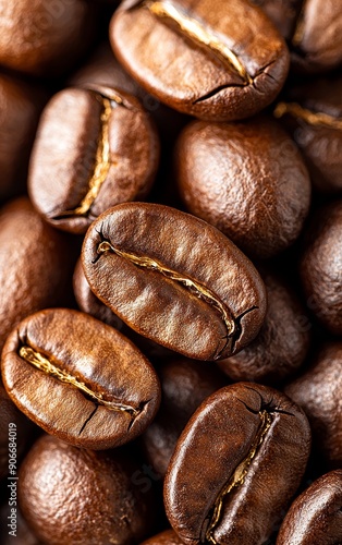 Close-up of rich, dark roasted coffee bean, showcasing its glossy surface and intricate textures, perfect for coffee-related designs.