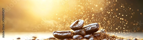 Close-up of roasted coffee bean with golden light, showcasing the rich texture and vibrant colors for gourmet coffee enthusiasts.
