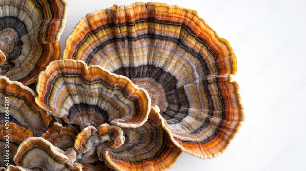 Close-up of the edges of turkey tail mushrooms, highlighting their wavy and colorful patterns on a white background. Close-up of the edges of turkey tail mushrooms, highlighting their wavy and colorful patterns on a white background.