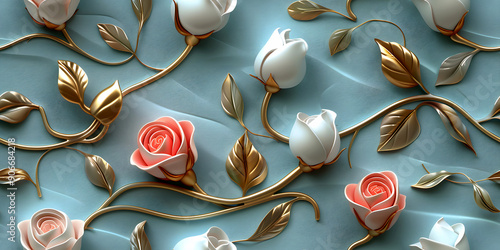 Seamless 3D White, Pink, and Red Cherry Blossom Flowers in Branches on a Light Background. Abstract Floral 3D Landscape Wall Sticker. Hd Seamless Magnolia, Frangipani, Rose Flower Wallpaper.