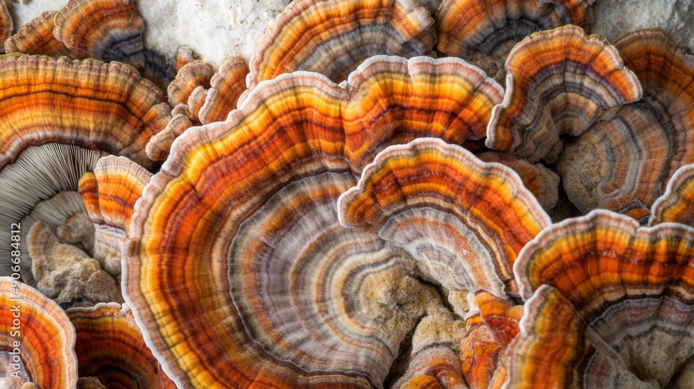 Close-up of the vibrant colors and patterns of turkey tail mushrooms, set on a white background. Close-up of the vibrant colors and patterns of turkey tail mushrooms, set on a white background.