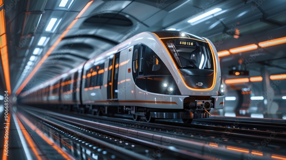 Fototapeta premium Futuristic train traveling through a modern station.