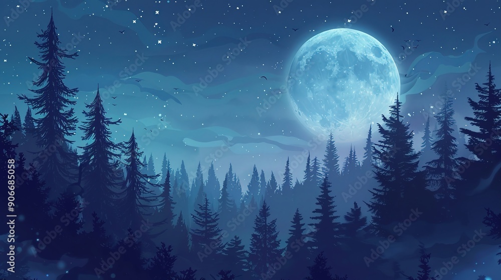 Naklejka premium moonlit forest pattern wallpaper