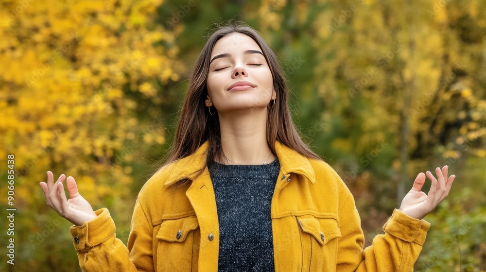 A young woman enjoys a moment of tranquility, embracing the beauty of autumn foliage while practicing mindfulness in a serene outdoor environment A young woman enjoys a moment of tranquility, embracing the beauty of autumn foliage while practicing mindfulness in a serene outdoor environment