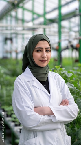 Muslim woman scientist examining an hydroponic vertical urban farm. Renewable agriculture. Portrait photography (9:16) photo