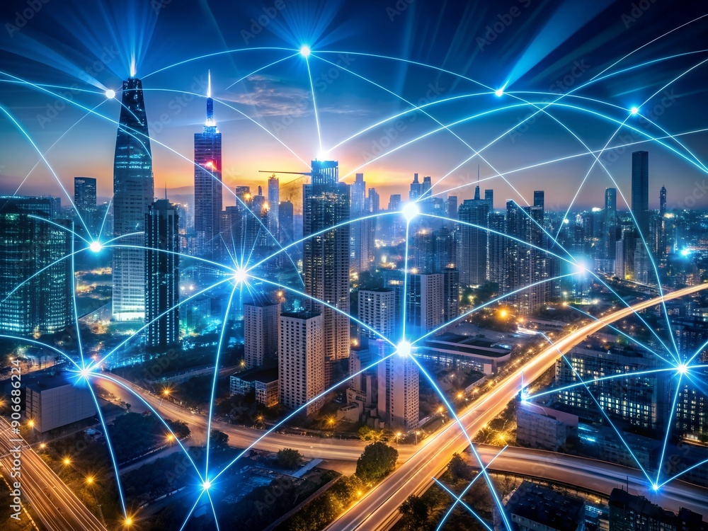Smart city and wireless communication network over the road. Concept of smart city and wireless communication. Smart city and wireless communication network over the road. Concept of smart city and wireless communication.
