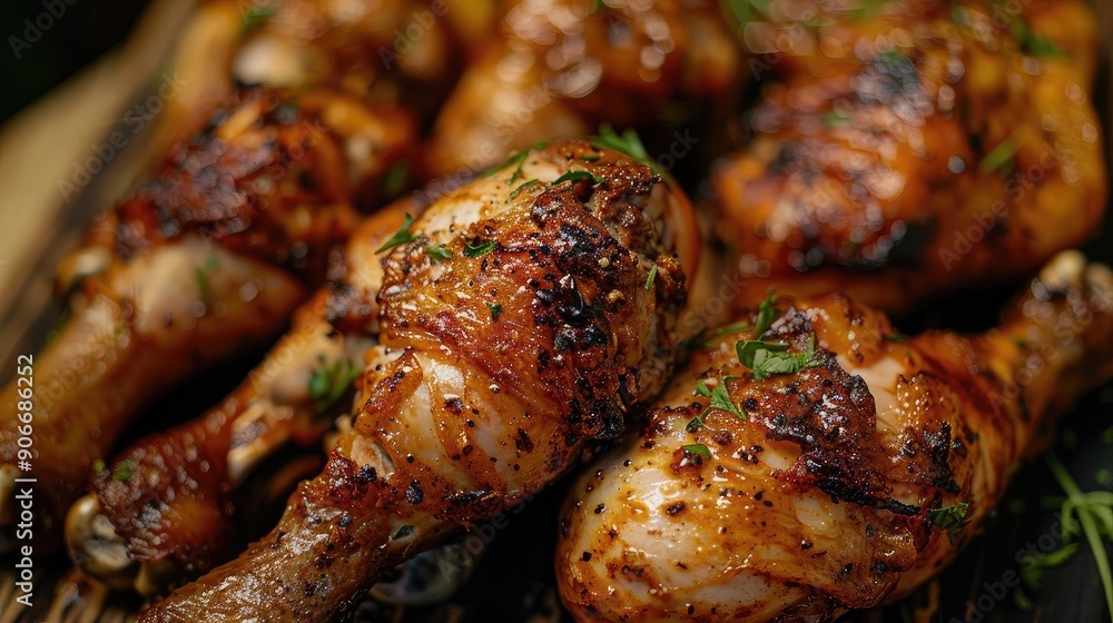 Deliciously grilled chicken drumsticks, beautifully seasoned, perfect for barbecues and gatherings, served with fresh herbs. Deliciously grilled chicken drumsticks, beautifully seasoned, perfect for barbecues and gatherings, served with fresh herbs.