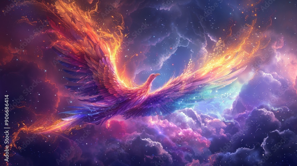 A cosmic phoenix with vibrant wings flying through a nebula. A cosmic phoenix with vibrant wings flying through a nebula.