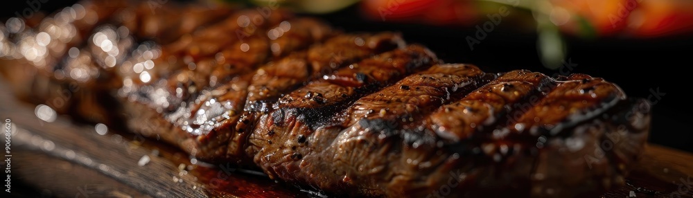 Juicy grilled steak served on a wooden plate with herb garnish, showcasing its delicious char and tempting texture. Juicy grilled steak served on a wooden plate with herb garnish, showcasing its delicious char and tempting texture.