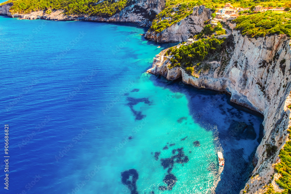 Fototapeta premium Blue caves on Zakynthos island or Zante Island, Greece. Beautiful views of azure sea water and nature with cliffs cave