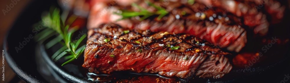 Delicious grilled steak garnished with fresh herbs, showcasing a juicy and tender texture, perfect for food lovers and culinary enthusiasts. Delicious grilled steak garnished with fresh herbs, showcasing a juicy and tender texture, perfect for food lovers and culinary enthusiasts.