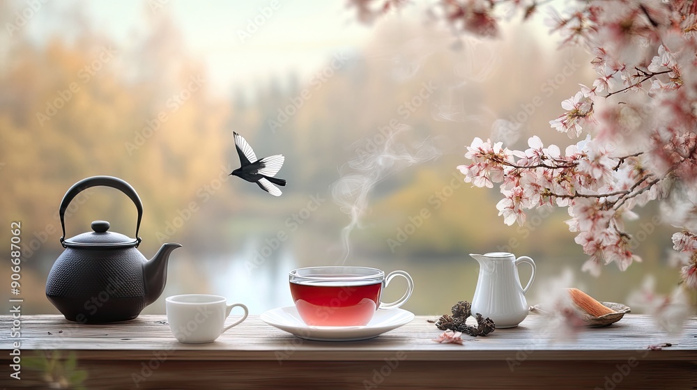 Fototapeta premium A glass teapot steams with freshly brewed mint tea, accompanied by loose tea leaves and vibrant mint leaves on a rustic wooden surface