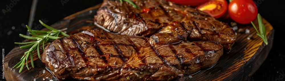 Juicy grilled steak served on a wooden platter, garnished with fresh herbs and ripe tomatoes, perfect for a gourmet meal. Juicy grilled steak served on a wooden platter, garnished with fresh herbs and ripe tomatoes, perfect for a gourmet meal.