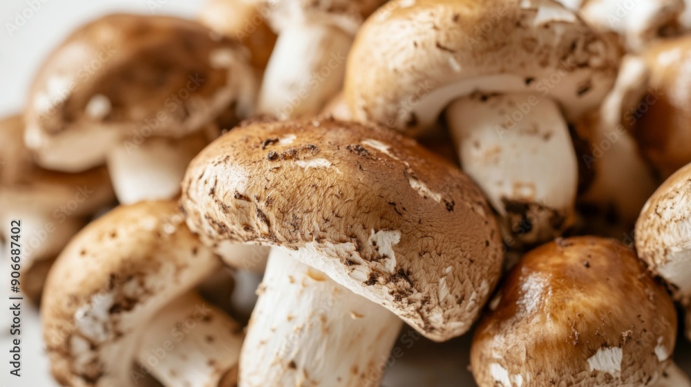 Detailed shot of Matsutake mushrooms with earthy colors and natural textures, set on a white background. Detailed shot of Matsutake mushrooms with earthy colors and natural textures, set on a white background.