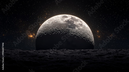 A close-up view of the moon, partially illuminated, set against a backdrop of twinkling stars in a dark night sky.