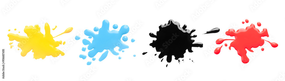 Printer ink of different colors. Set of spots isolated on white, top view