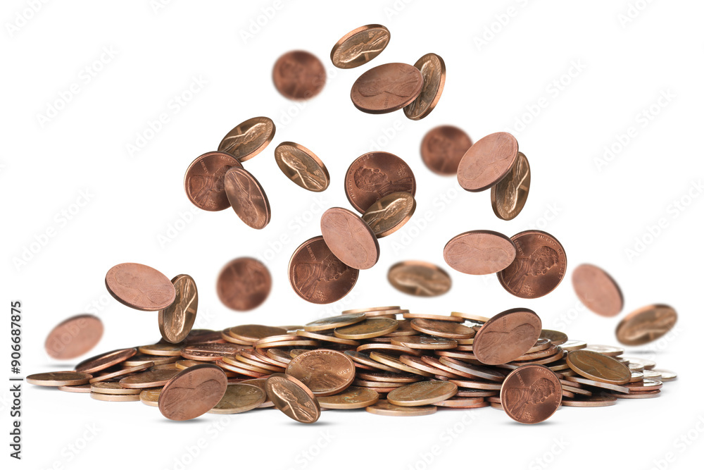 United States one cent coins falling on white background United States one cent coins falling on white background