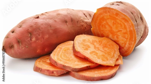 A sweet potato next to slices, the orange interior warm against the white background.