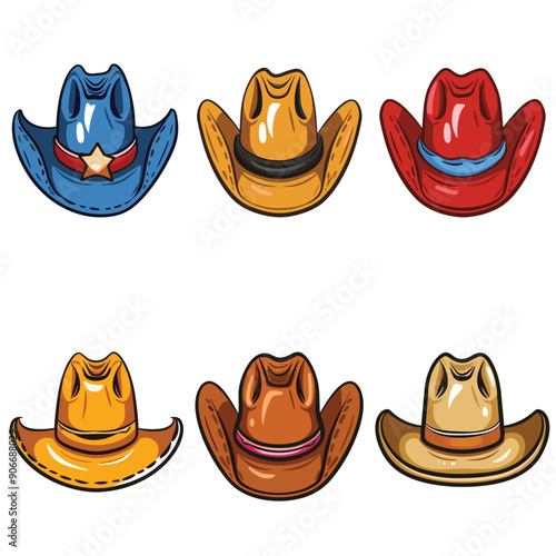 Six colorful cowboy hats illustrated cartoon style, isolated white background. Various designs include blue sheriff hat star, bright red, traditional tan, vibrant yellow, classic brown, beige cowboy