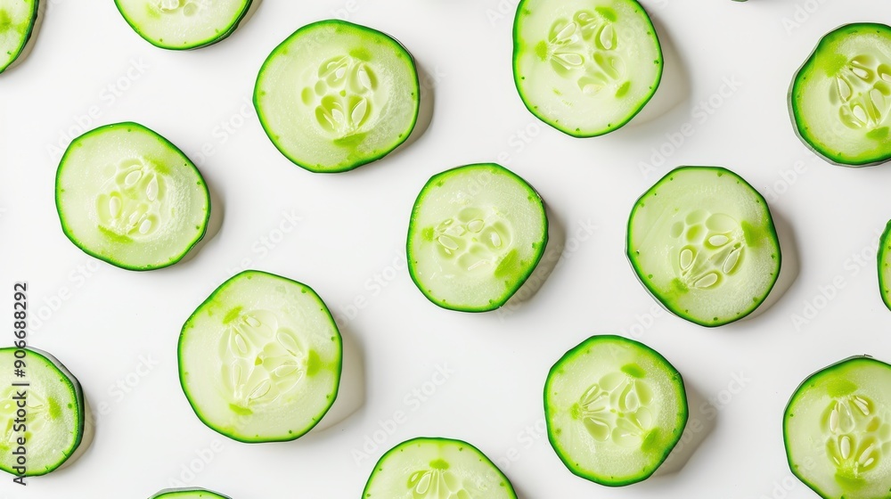 Whole and sliced cucumbers, the slices fanned out to display the seed pattern, on a white backdrop. Whole and sliced cucumbers, the slices fanned out to display the seed pattern, on a white backdrop.