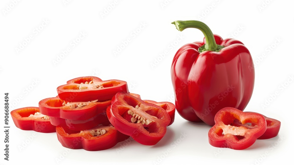 A stack of whole red bell peppers next to slices showcasing the vibrant interior, on a white background. A stack of whole red bell peppers next to slices showcasing the vibrant interior, on a white background.