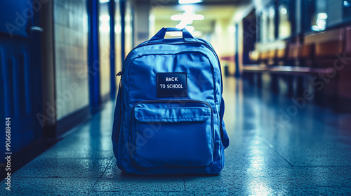 A lone blue backpack labeled 