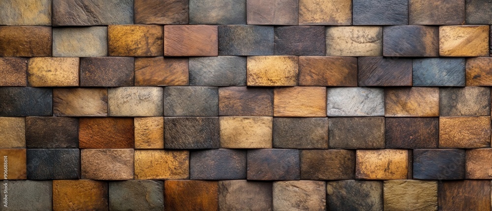 Wall of various wooden blocks in brown, tan and grey hues. Wall of various wooden blocks in brown, tan and grey hues.