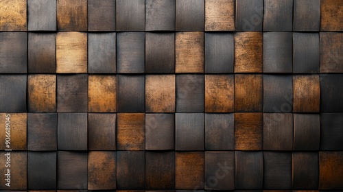 Abstract background of a wall covered in dark and light brown rectangular tiles. photo