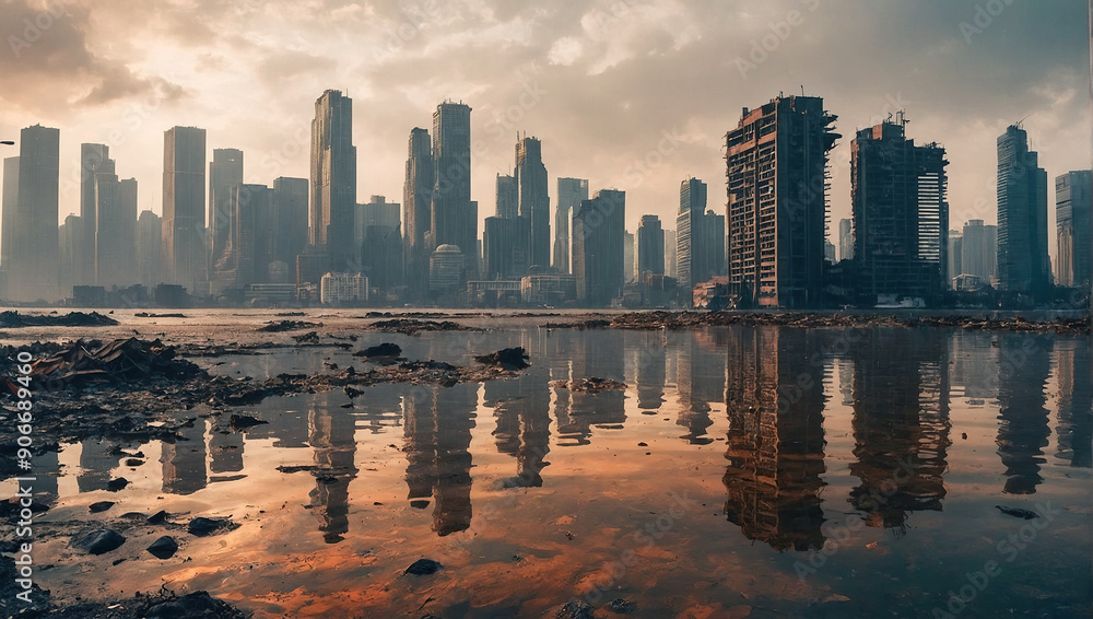 Fototapeta premium A dystopian city with ruined skyscrapers reflecting in a polluted water body under a smoky sky.