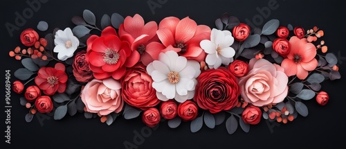 Red and pink flowers arranged on a black background.