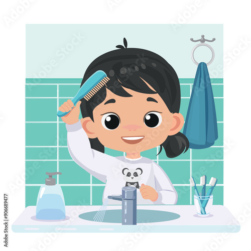 little kid girl comb hair with hair brush vector cartoon illustration  flat  design 