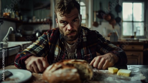 A bearded man sits in a rustic kitchen, looking pensively at the camera with freshly baked bread and butter photo