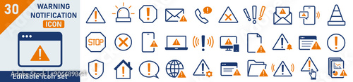 Warning icon set. Set of 30 outline icons related to warning, alarm, nothification, time. Linear icon collection. Warning outline icons collection. Editable stroke.