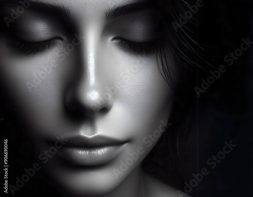 Black and White Portrait of a Woman's Face with a Calm Expression and Closed Eyes