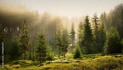 Nostalgic depiction of a wooded evergreen forest, soft light creating a dreamy, vintage ambiance