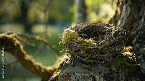 Abandoned bird s nest on tree trunk dry and padded photo