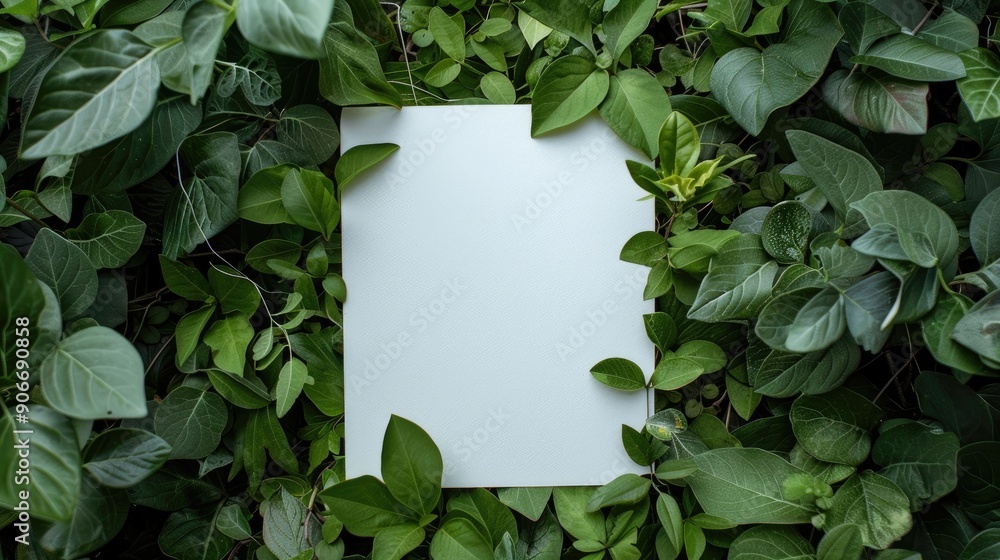 White A4 sheet on green leaves background White A4 sheet on green leaves background