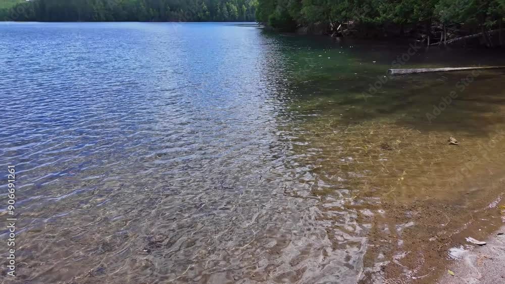 Panoramic view of wild natural lake in Ontario, Canada, Crown land wilderness. Picturesque deep lake surrounded by dense pine forests, remote dangerous routs. View of calm summer water. Panoramic view of wild natural lake in Ontario, Canada, Crown land wilderness. Picturesque deep lake surrounded by dense pine forests, remote dangerous routs. View of calm summer water.