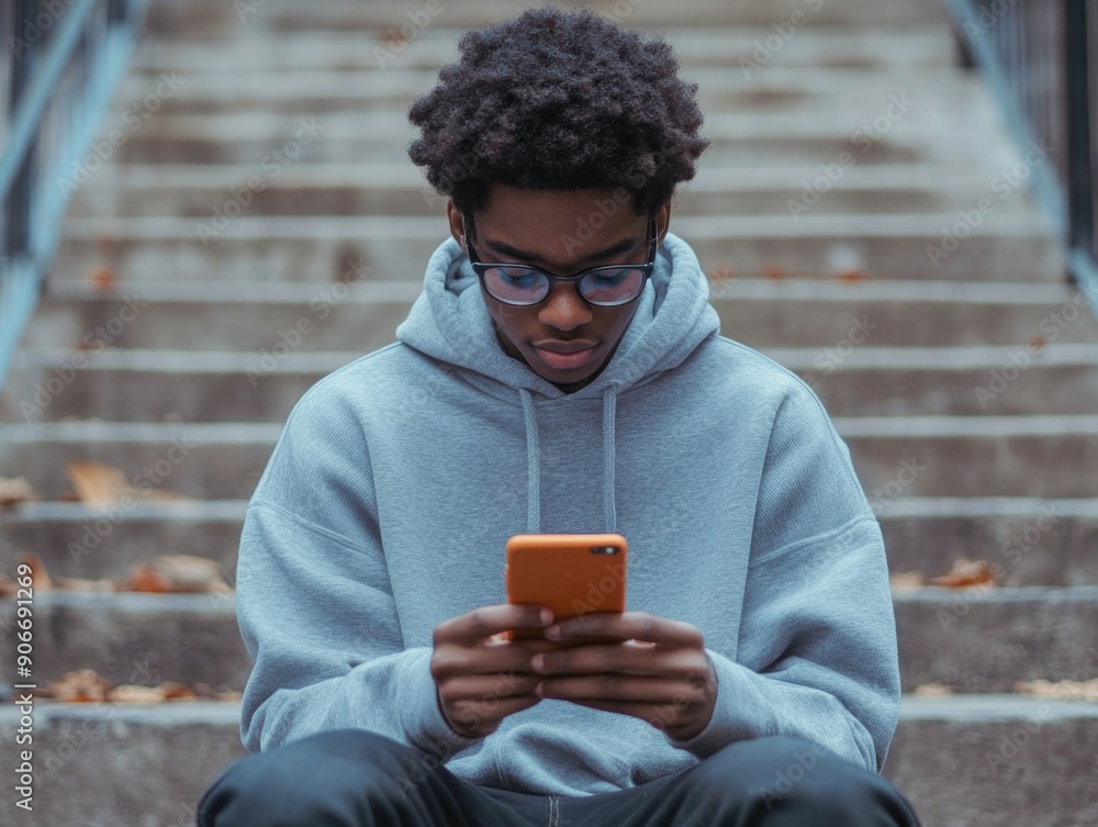 A young man sits on steps, gazing at his cell phone A young man sits on steps, gazing at his cell phone
