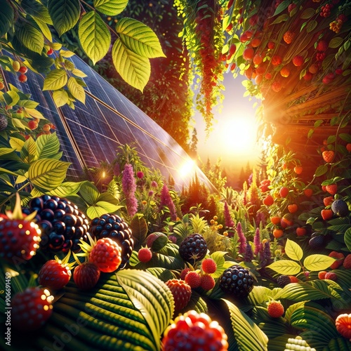 Solar Garden: Lush garden with fruits and solar panels photo